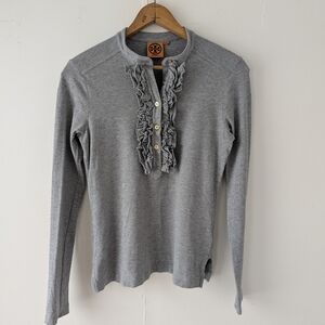 Tory Burch Ruffled Half Button Down Shirt | Gold Logo Buttons | Slim Fit Small